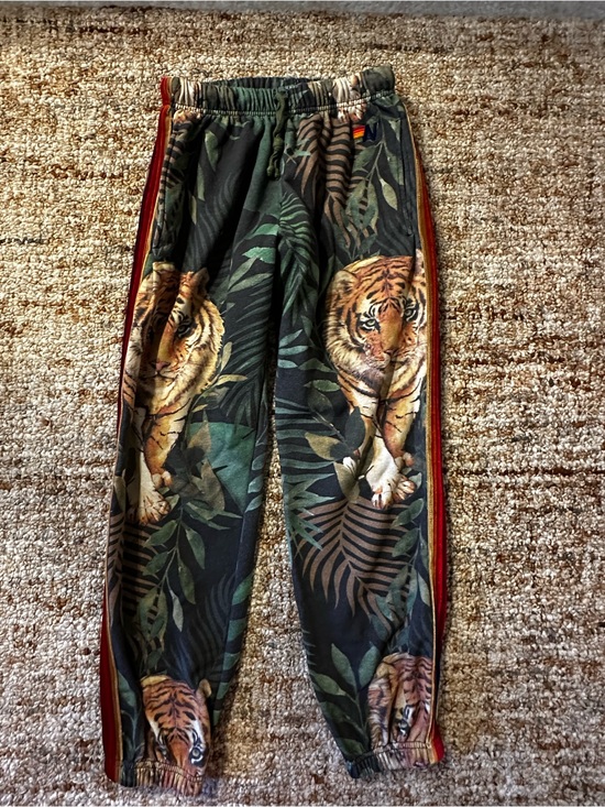 Aviator Nation Pants - Rare Aviator Nation Green Jungle Tiger-Print Joggers with Red & Gold Stripes